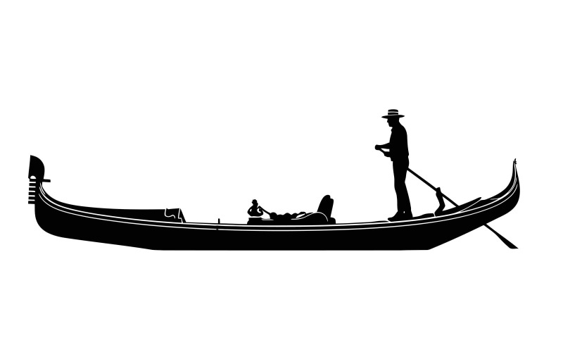 Silhouette romantique d'une promenade en gondole en soirée, avec un couple et un gondolier, isolée sur fond blanc.