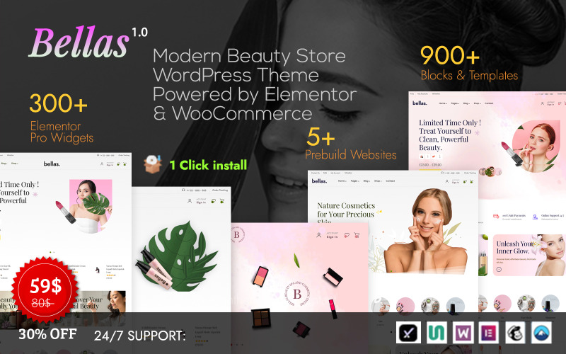Bellas - Modern skönhetssalong och kosmetikbutik Woocommerce WordPress-tema Elementor-förberedd