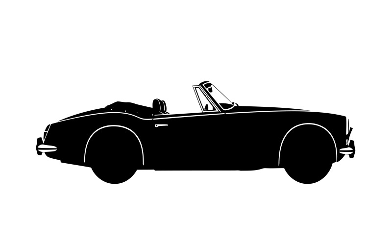 Carro esportivo conversível preto vintage com pneus de faixa branca e detalhes cromados, isolado em fundo branco.