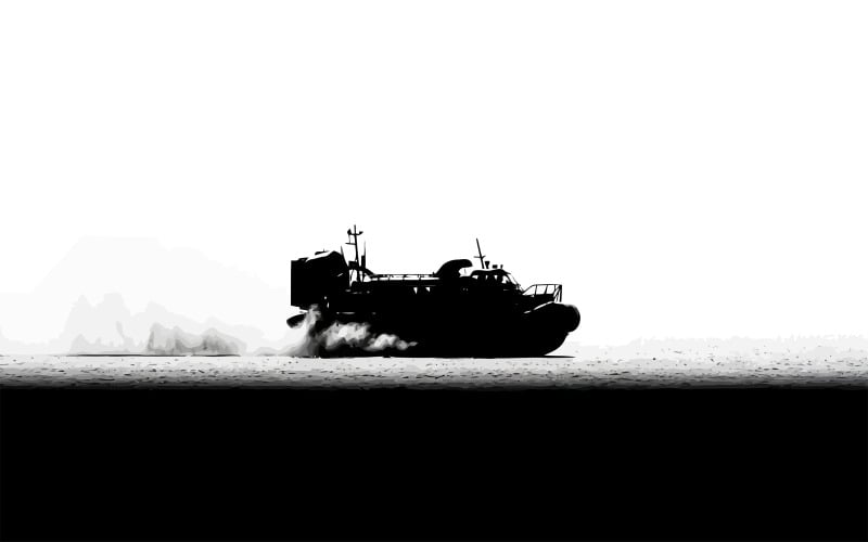 Engins de débarquement militaires naviguant en mer agitée avec un sillage puissant, isolés sur fond blanc