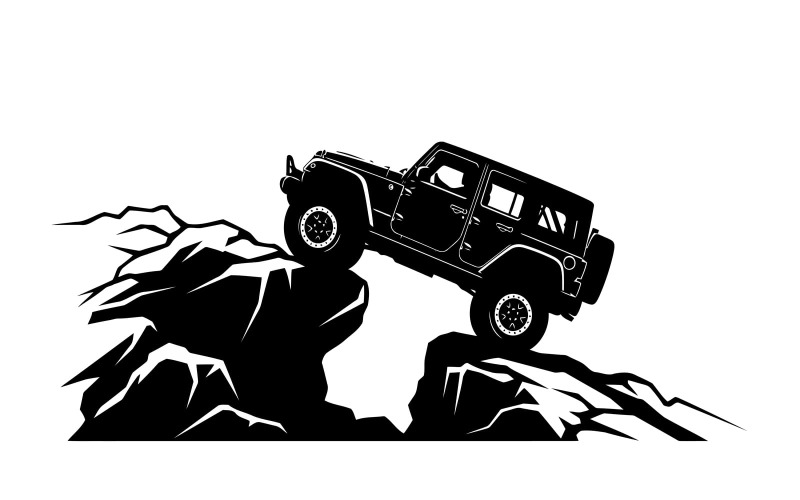 Jeep estilizado conquistando rochas montanhosas acidentadas em arte de alto contraste isolada em fundo branco.