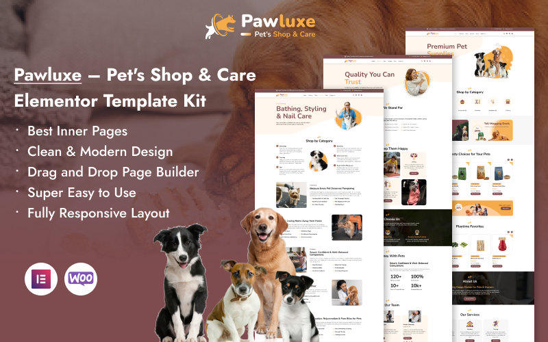 Pawluxe – Набор шаблонов Elementor для зоомагазина и ухода за животными