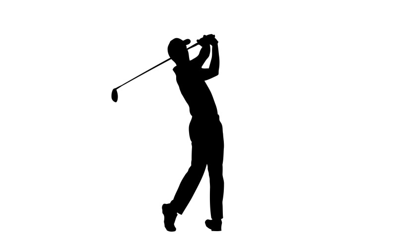 Silhouette eines Golfers, der einen kraftvollen Schwung auf freiem Feld ausführt, isoliert auf weißem Hintergrund