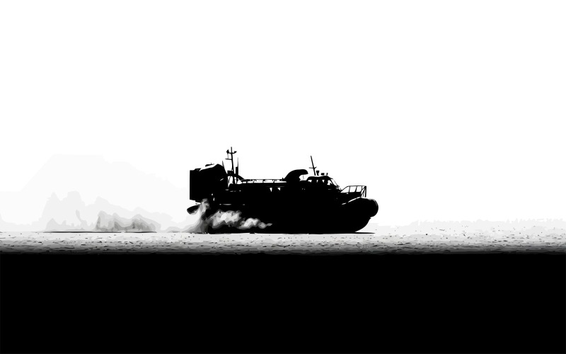 Военный десантный катер, преодолевающий бурное море с мощным кильватерным следом, на белом фоне.