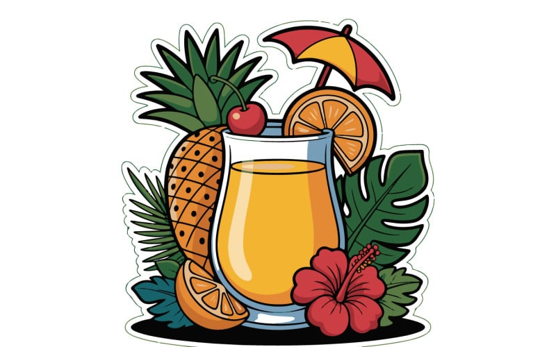 Kleurrijk tropisch sapglas met cartoonafbeeldingen van ananas, sinaasappelschijfje en kers.