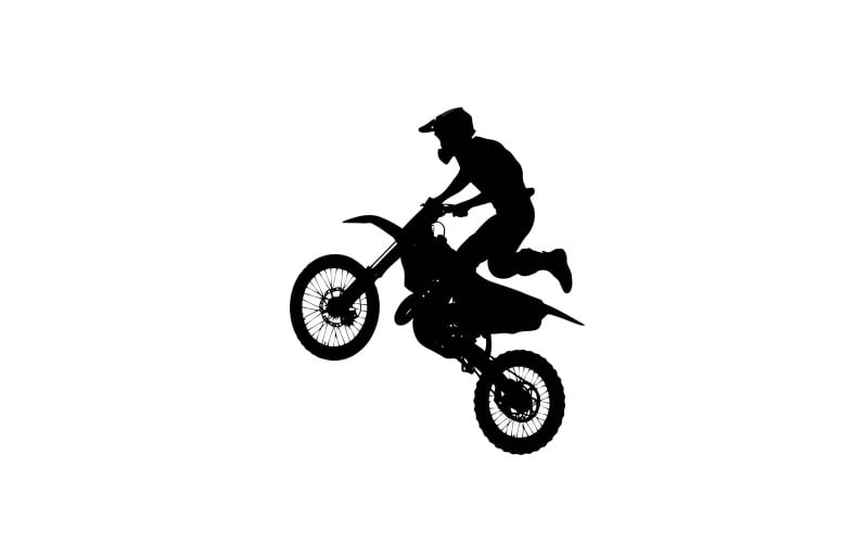Silhouet van een motorrijder die een stunt met een springende motor uitvoert, geïsoleerd op een witte achtergrond.