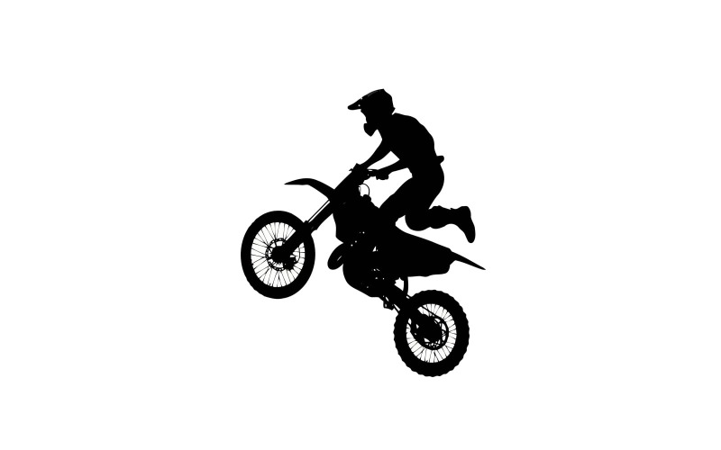Silhueta de motociclista realizando manobras de salto com a moto, isolada em fundo branco.