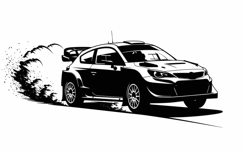 Dynamische rallyauto die met hoge snelheid over een grindweg rijdt, met een palmschaduweffect, geïsoleerd op een witte achtergrond.