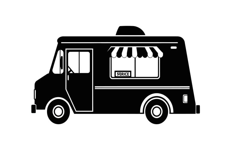 Minimalistisk food truck-illustration med randig markis och service isolerad på vit bakgrund