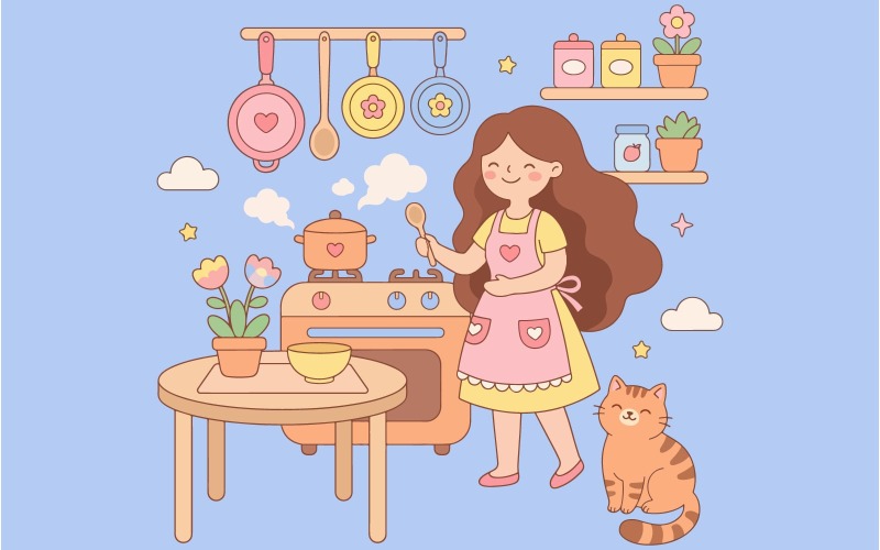 Przytulna ilustracja kuchenna z kobietą i kotem na ścianie