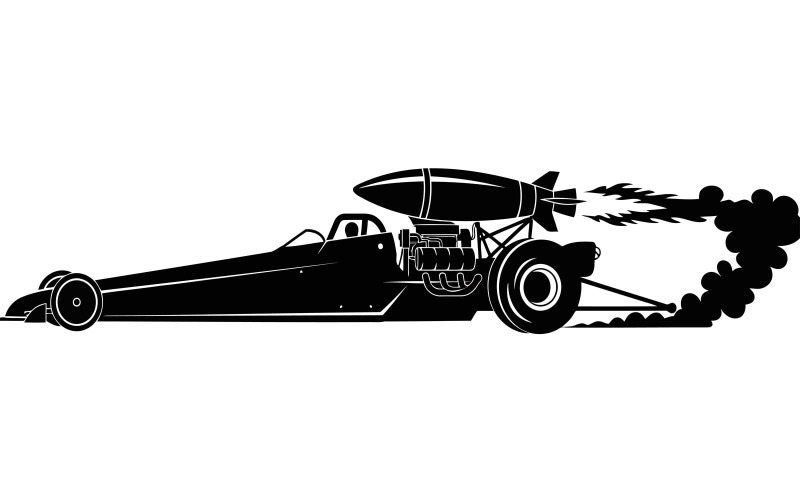 Vintage Top Fuel dragster met vlammen die brullen op een racebaan, geïsoleerd op een witte achtergrond.