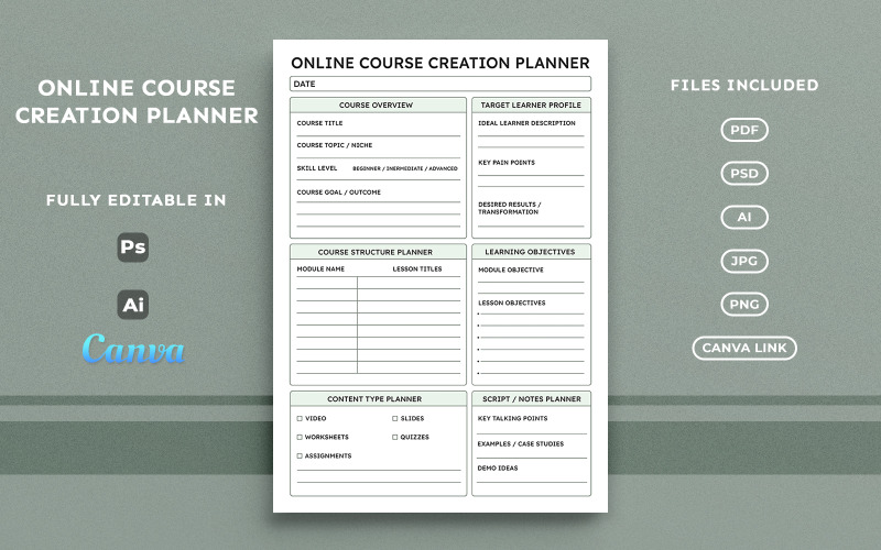 Planner per la creazione di corsi online – Business dell'istruzione, modello di planner minimale, formato A4