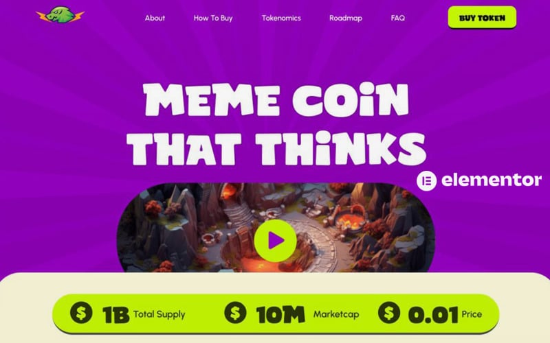 Úvodní stránka kryptoměnového Elementoru - Meme Coin