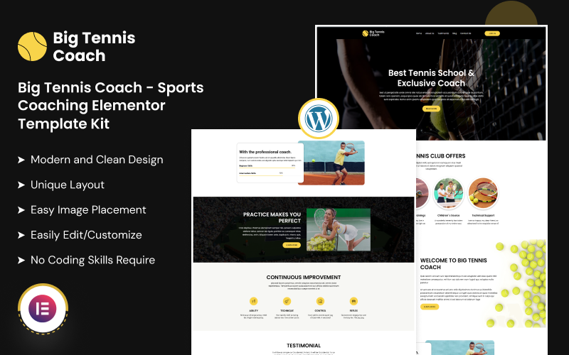 Big Tennis Coach - Kit de modèles Elementor pour le coaching sportif