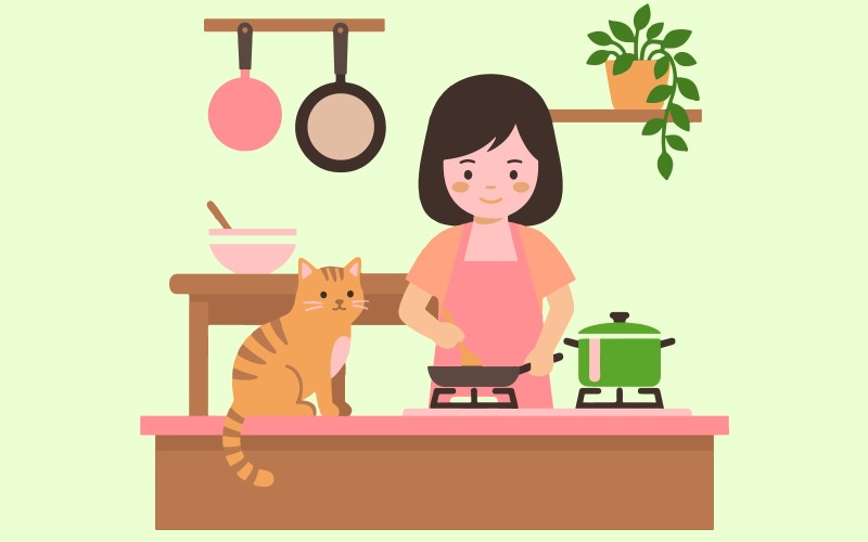 Arte de pared de chica de cocina y gato