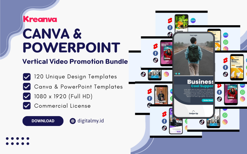 Pacote de Promoção de Vídeo Vertical K1 para Canva e PowerPoint