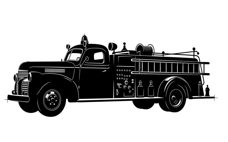 Schwarze Silhouette eines Oldtimer-Feuerwehrautos, isoliert auf weißem Hintergrund