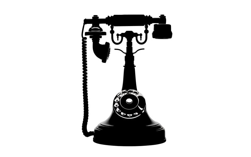 Silhueta preta de um telefone antigo de disco isolada em fundo branco.