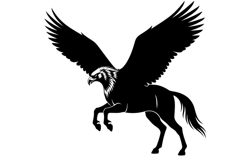 Zwarte silhouet van een gevleugeld paard, een mythisch wezen in volle vlucht, geïsoleerd op een witte achtergrond.