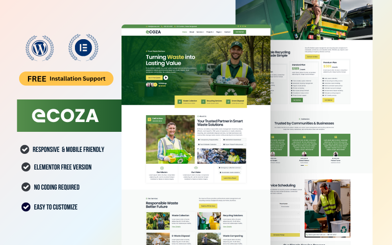 Ecoza - Újrahasznosítás és szemét eltávolítás WordPress Elementor Kit