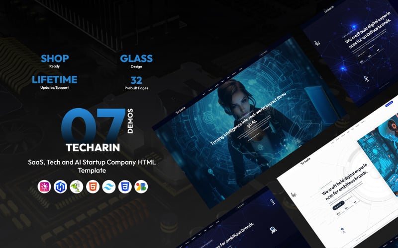 Techarin - SaaS, Tech és AI Startup Cég HTML Sablon - Tailwind CSS - Glass Design