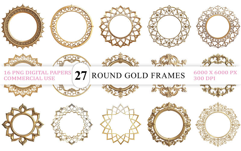 Blommig Mandala Guld Ram Clipart | Dekorativ Guld Mandala Ram PNG Bundle