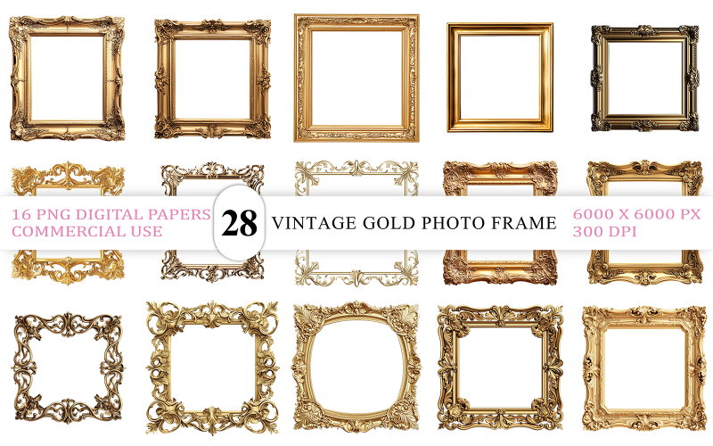 Elegante gouden fotolijst PNG-bundel | Decoratieve gouden fotolijsten PNG