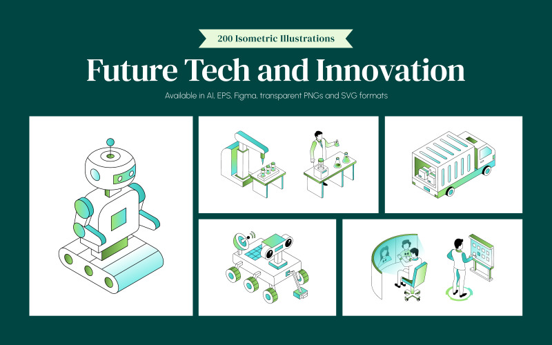 Изометрические иллюстрации перспективных технологий и инноваций.