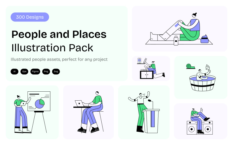 Set di illustrazioni di persone e luoghi
