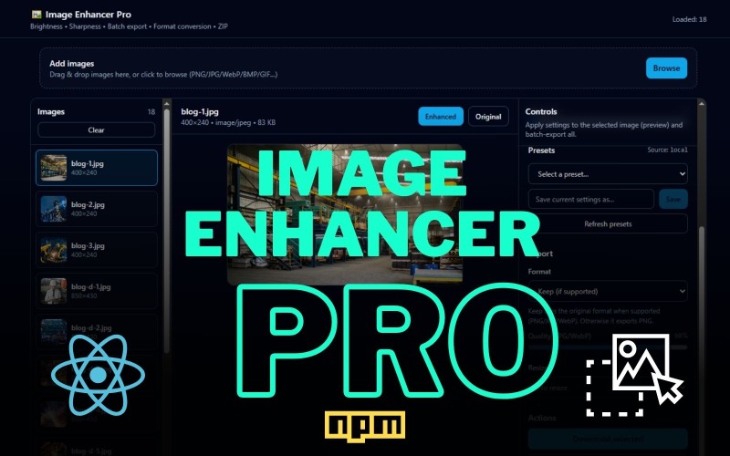 React Image Enhancer Pro || contrast, verzadiging, formaat wijzigen