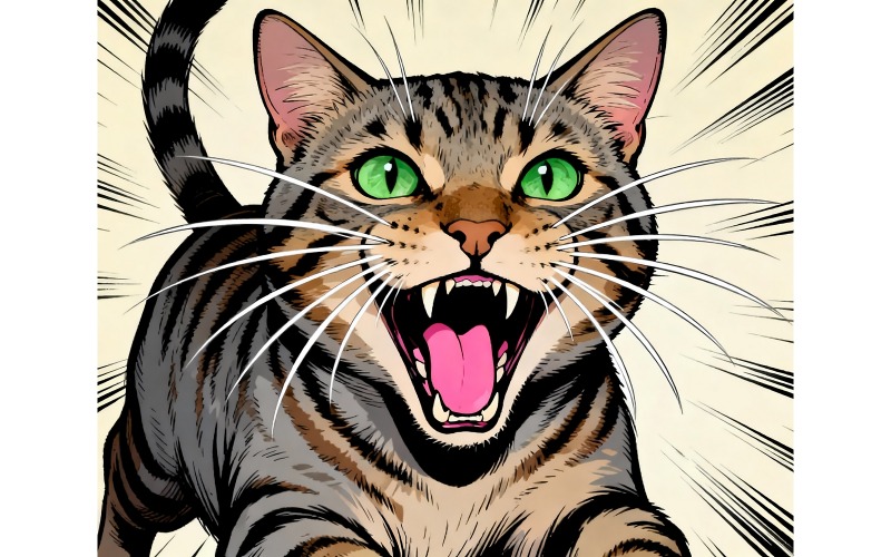 Ritratto ravvicinato di un gatto che urla (immagine illustrativa AI + grafica vettoriale)