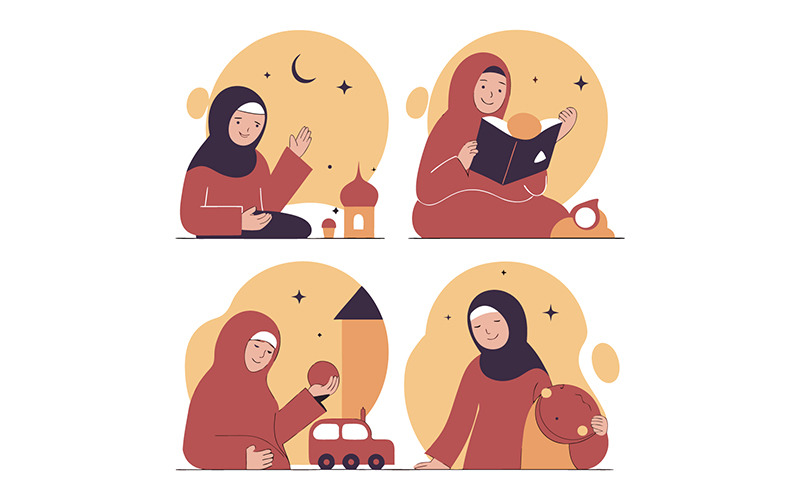 Een moslimman bidt, speelt en leest op de binnenplaats van een moskee.