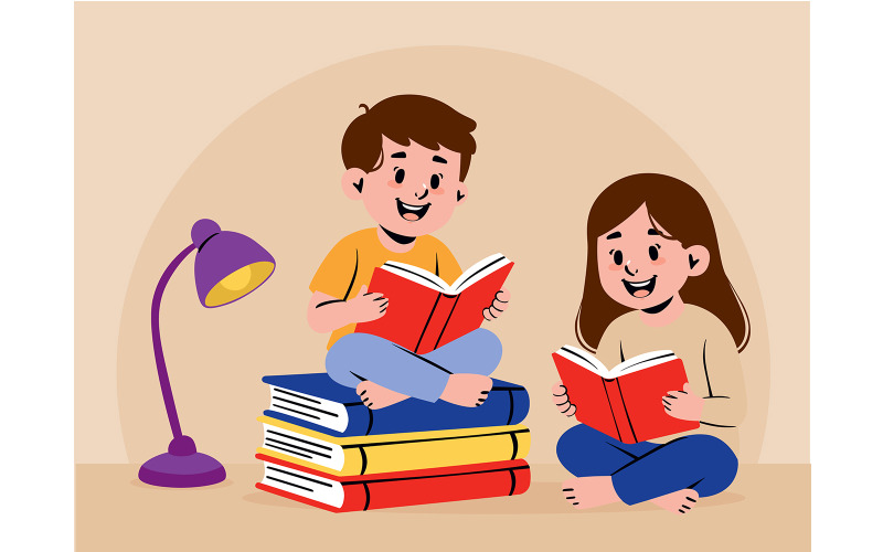 Desenho animado de um menino e uma menina lendo um livro.