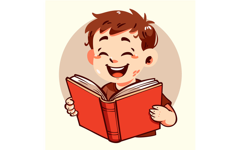 一幅男孩全神贯注地读书的漫画