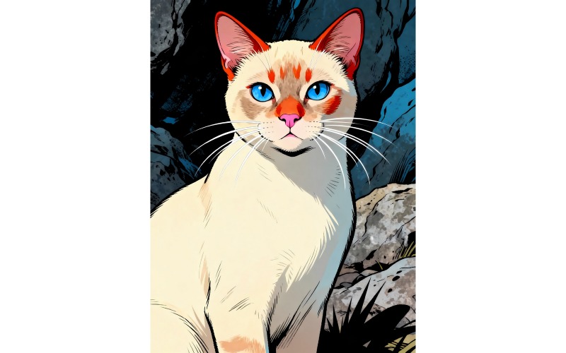Ritratto ravvicinato di un gatto seduto all'aperto (immagine illustrativa AI + disegno vettoriale)