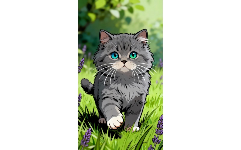 Primo piano di un adorabile gattino grigio a pelo lungo britannico (immagine illustrativa AI + grafica vettoriale)