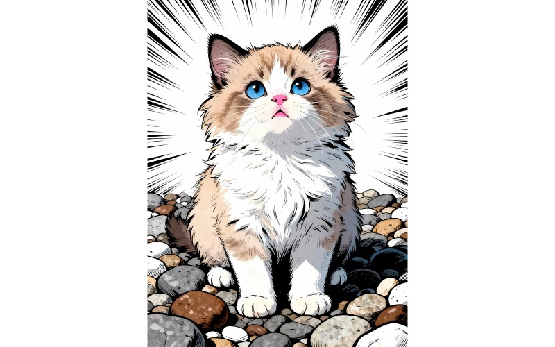 Primo piano di un adorabile gattino seduto su pietre colorate (immagine di illustrazione AI + linea vettoriale)