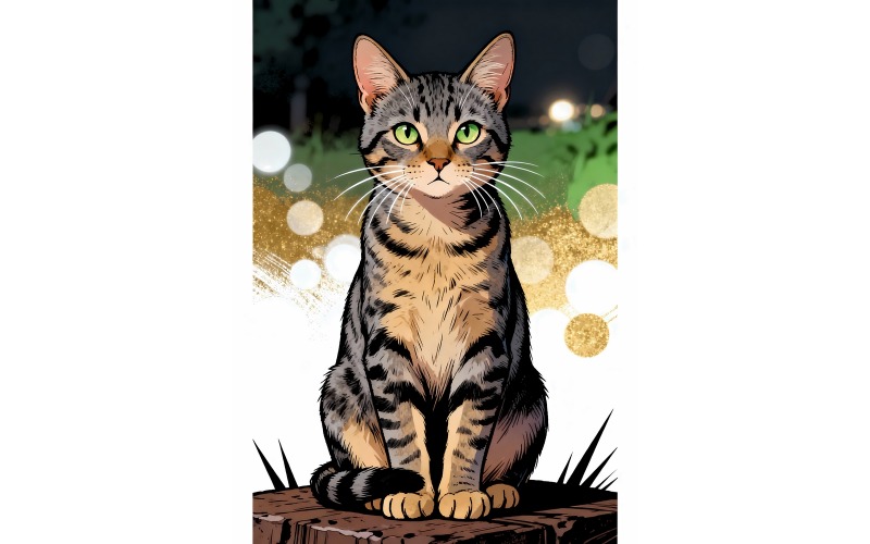 Primo piano verticale di un simpatico gatto grigio con sfondo sfocato (immagine di illustrazione Ai + linea grafica vettoriale)