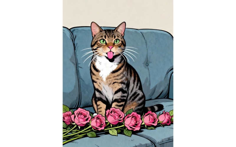 Un simpatico gatto soriano domestico è seduto su un divano grigio-blu (immagine illustrativa AI + disegno vettoriale)