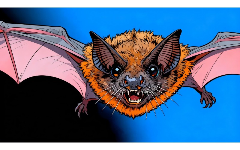 Primo piano dinamico di un pipistrello in volo (immagine illustrativa AI + disegno vettoriale)