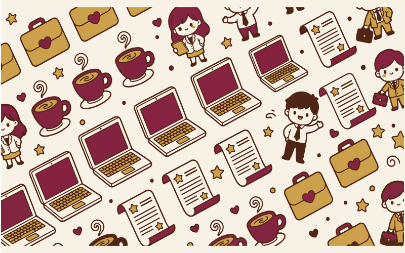 Motif de fond kawaii mignon pour entreprises avec icônes de bureau et éléments décoratifs