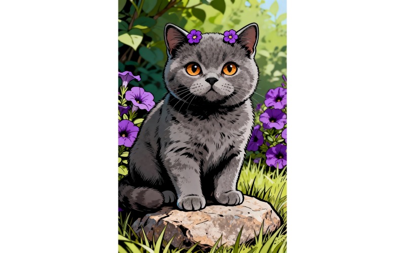 Brittisk grå korthårskattunge sittande stengräs (AI-illustrationsbild + vektorgrafik)