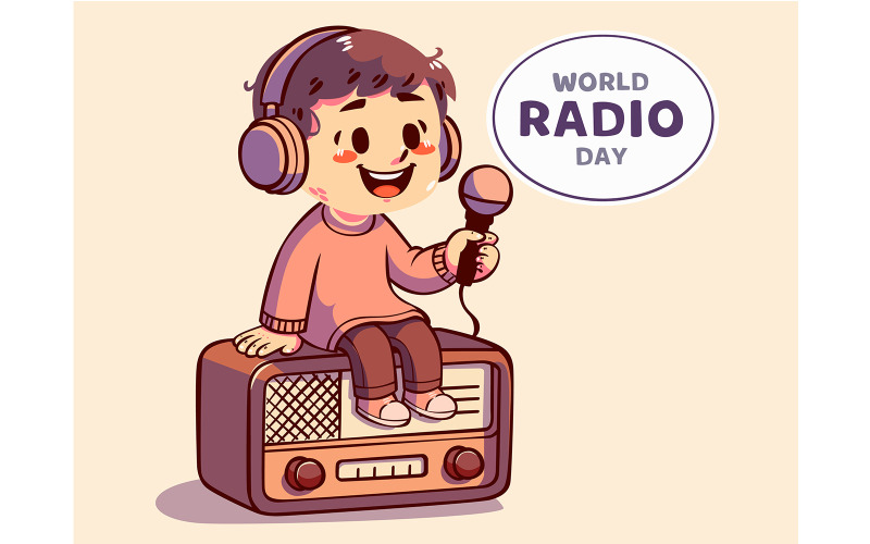 Karikatur eines Jungen, der auf einem Radio sitzt