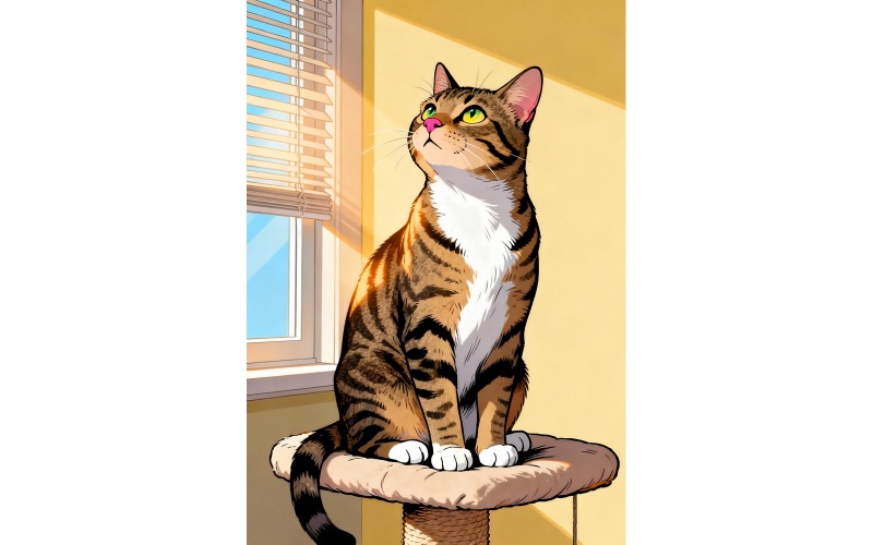 猫咪坐在家具上望向窗外（AI插画+矢量线条画）