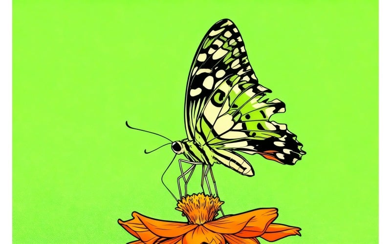 Detailopname van een prachtige vlinder die in een bloem blijft zitten (AI-illustratie + vectorlijnkunst)
