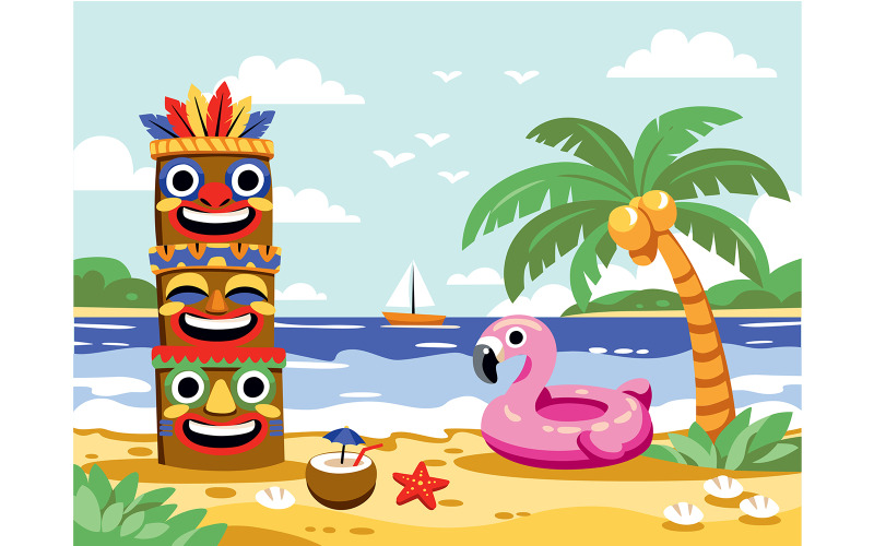 Tętniąca życiem plaża z posągami Tiki