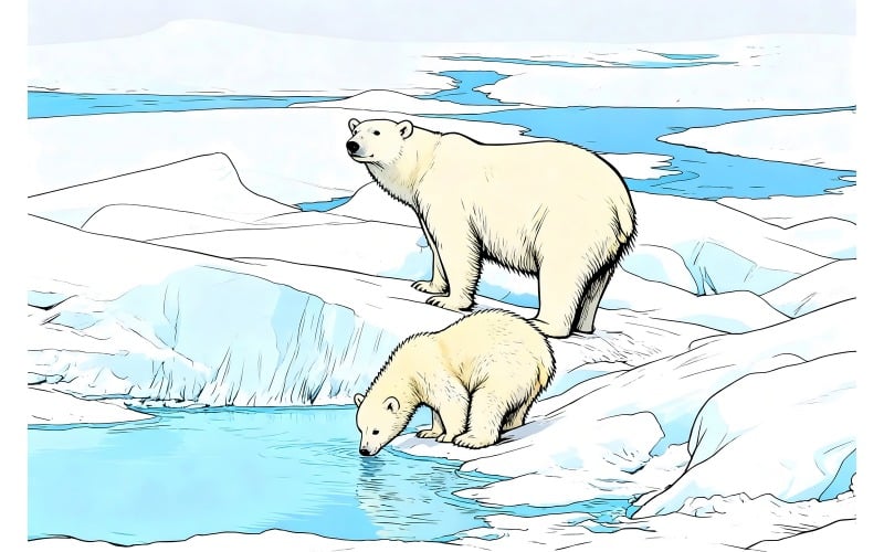 Orso polare Ursus Maritimus Madre Cucciolo Pack Ghiaccio Nord 1 (Immagine di illustrazione Ai + Linea arte vettoriale)