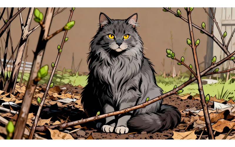 Söt grå katt som leker i trädgården (AI-illustrationsbild + vektorgrafik)