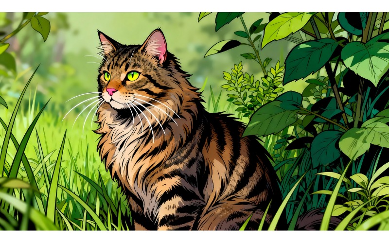 Chat rayé et duveteux assis dans l'herbe, regardant sur le côté (Illustration IA + Dessin vectoriel)
