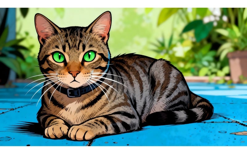 Chaton tigré bleu aux yeux concentrés sur un sol en ciment (Illustration IA + Dessin vectoriel)